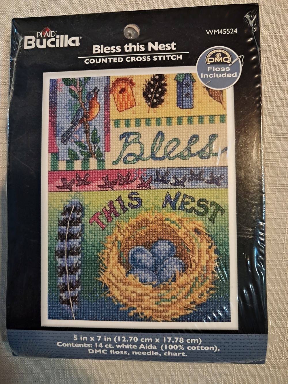 Bucilla 'Bless This Nest' Cross Stitch Kit - Blue, Yellow, Green, Pink - NWOT